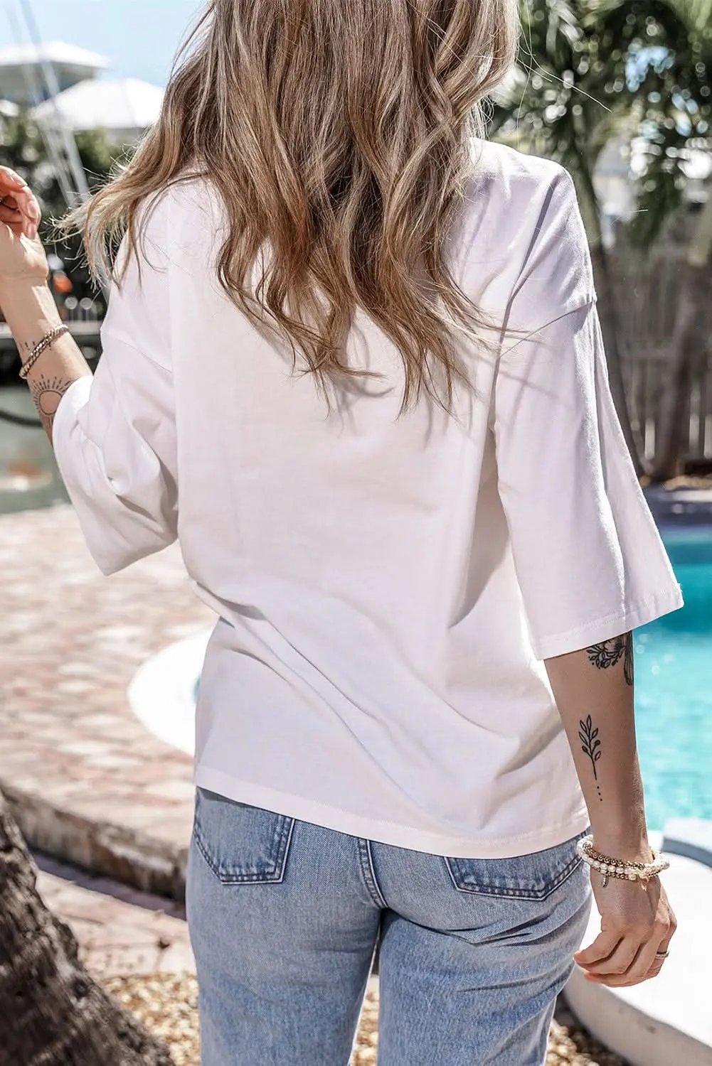 White Colorblock Star Patched Half Sleeve Oversized Tee - Love Salve